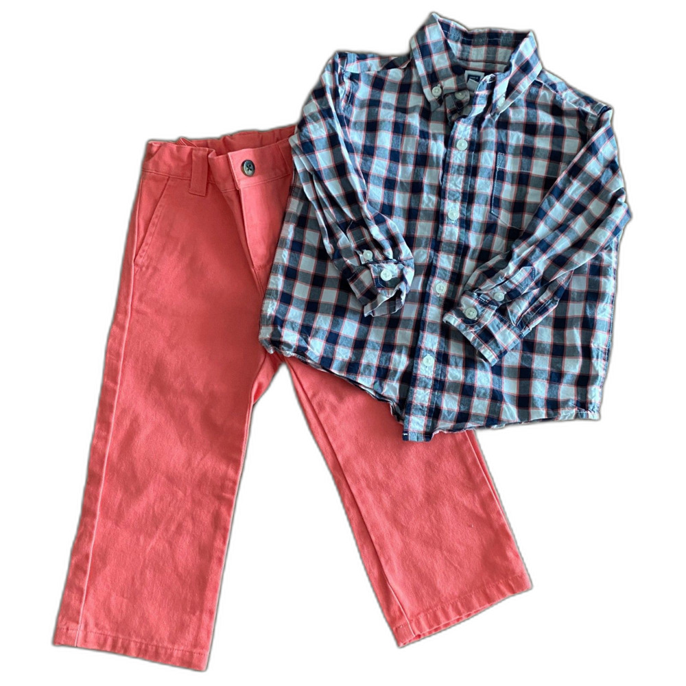 Janie & Jack Plaid Dress Shirt & Coral Pants Boys' 18-24 Months